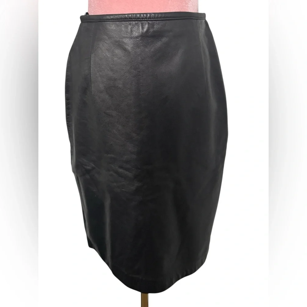 Vintage Ralph Lauren 100% Leather Pencil Skirt Black Old Money Classic Business